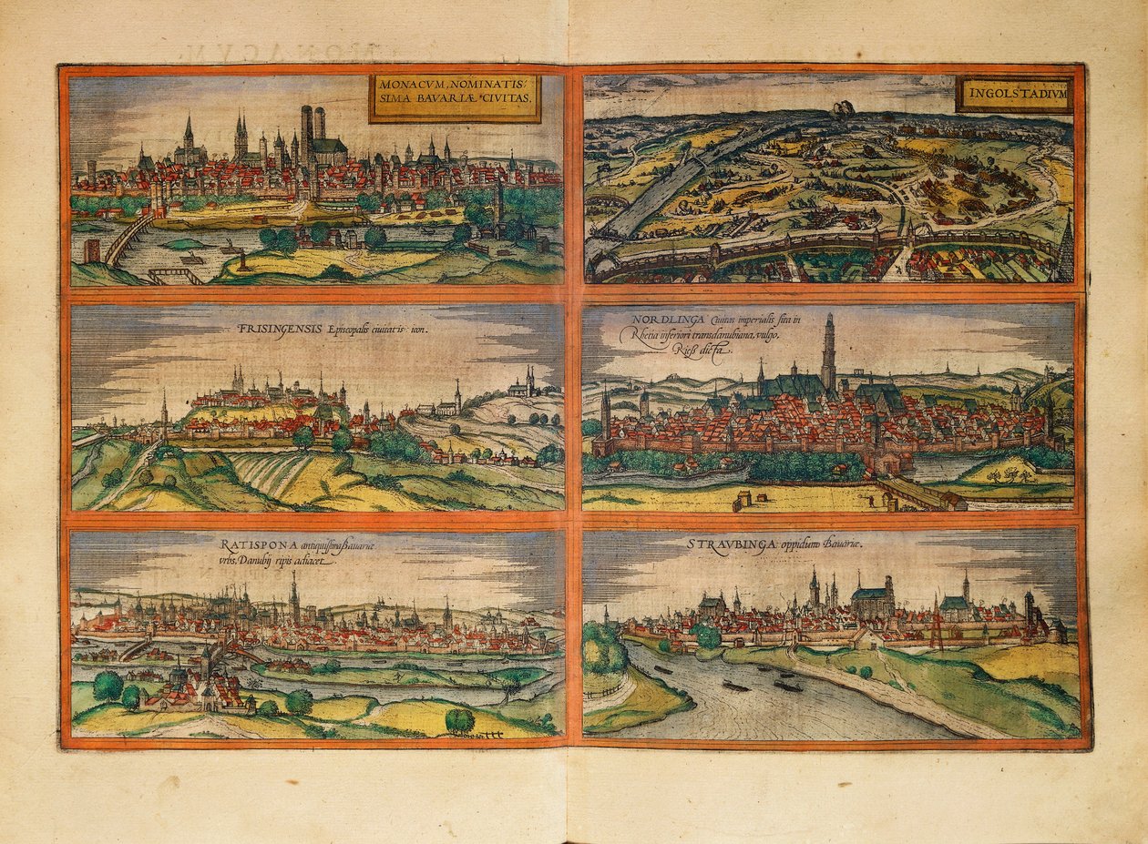 Karte von München, Ingolstadt, Freising, Nördlingen, Regensburg und Straubing, Deutschland, aus Civitates Orbis Terrarum von Georg Braun von Georg Braun and Hogenberg Franz