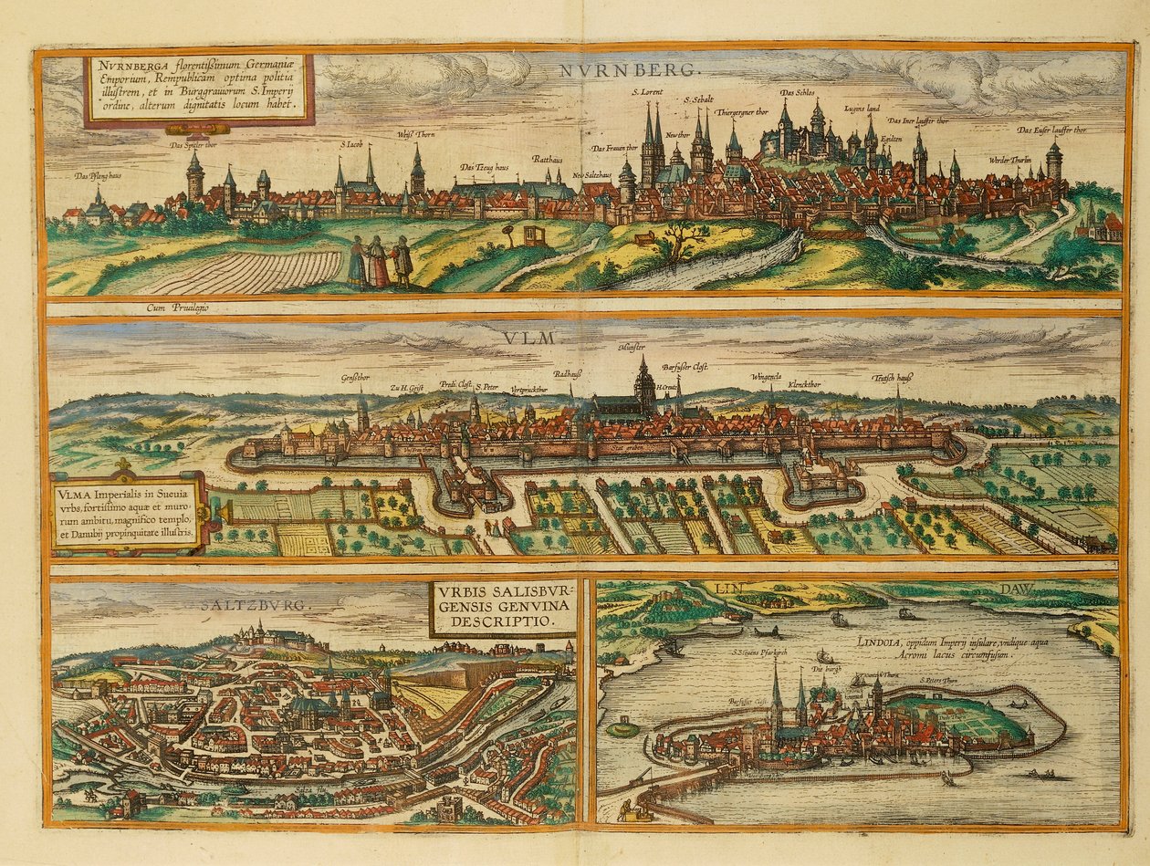 Karte von Nürnberg, Ulm, Salzburg und Lindau aus Civitates Orbis Terrarum von Georg Braun von Georg Braun and Hogenberg Franz