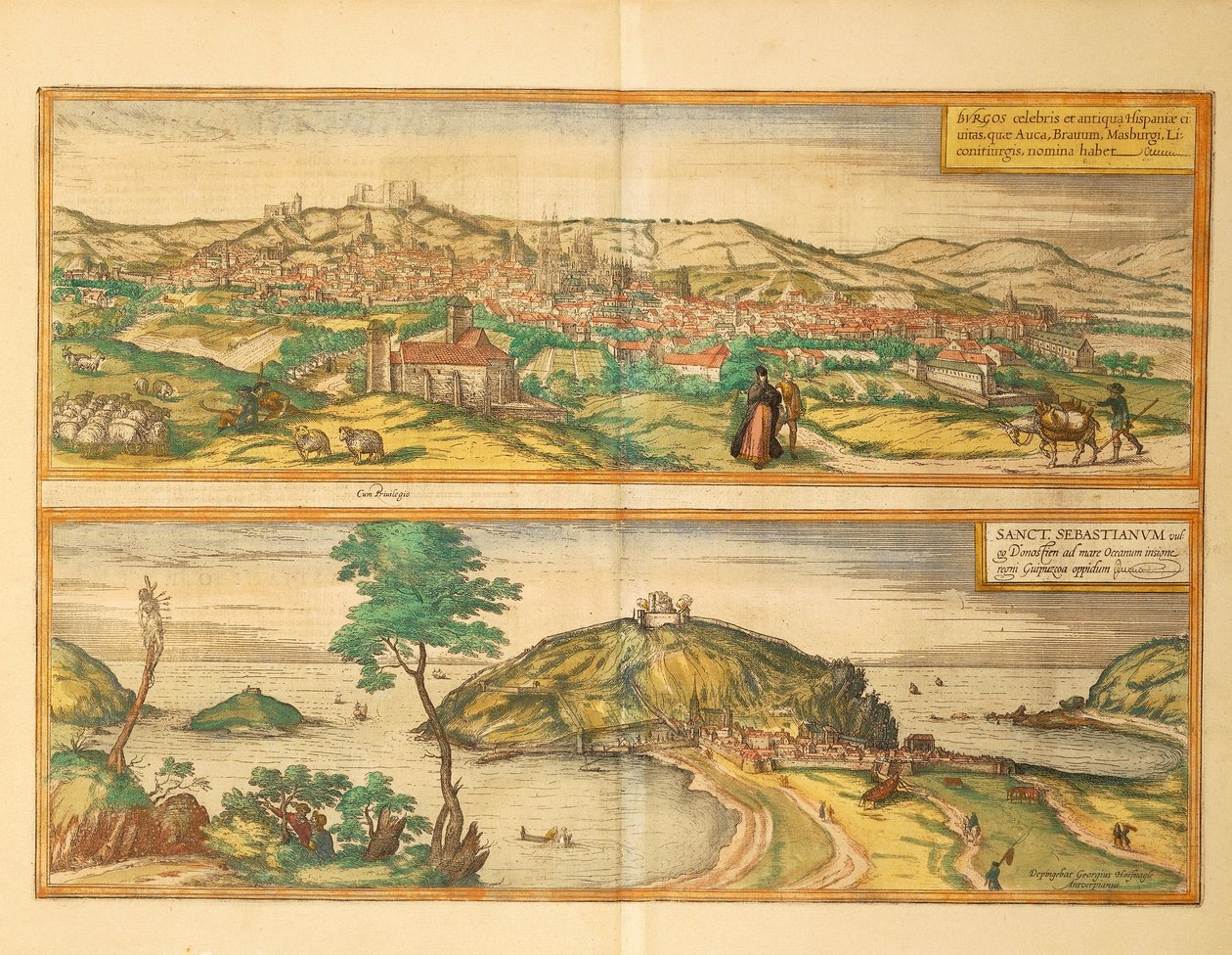 Karte von San Sebastian und Burgos aus Civitates Orbis Terrarum von Georg Braun and Hogenberg Franz