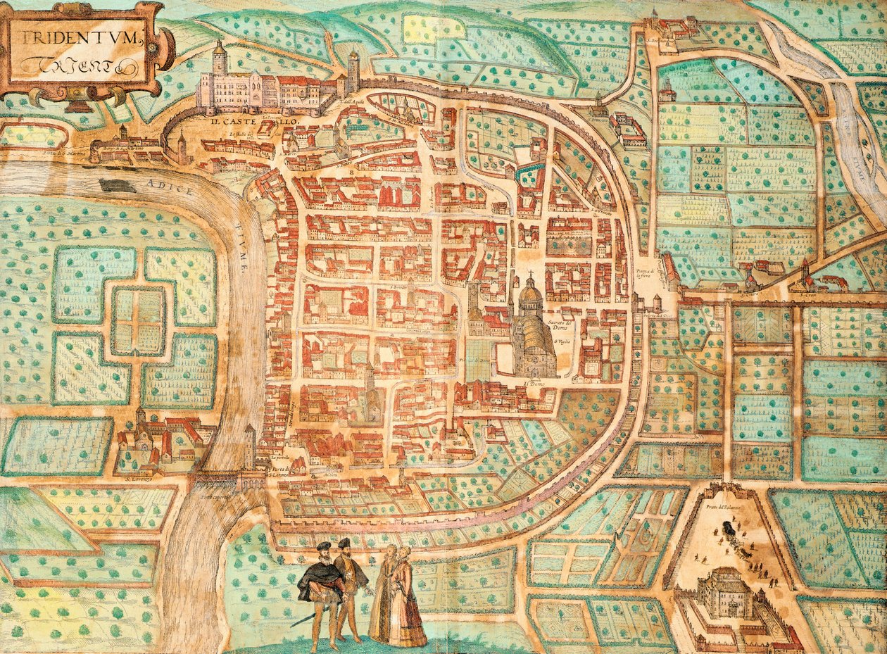 Karte von Tridentum, heute Trient, kolorierter Stich aus Civitates Orbis Terrarum, Italien von Georg Braun and Hogenberg Franz