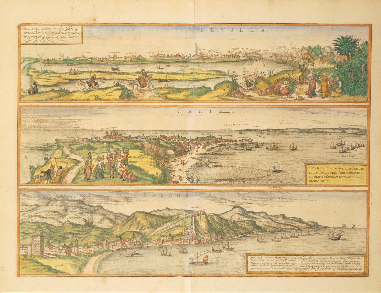Karten von Sevilla, Cadiz und Malaga, Spanien, aus Civitates Orbis Terrarum von Georg Braun von Georg Braun and Hogenberg Franz