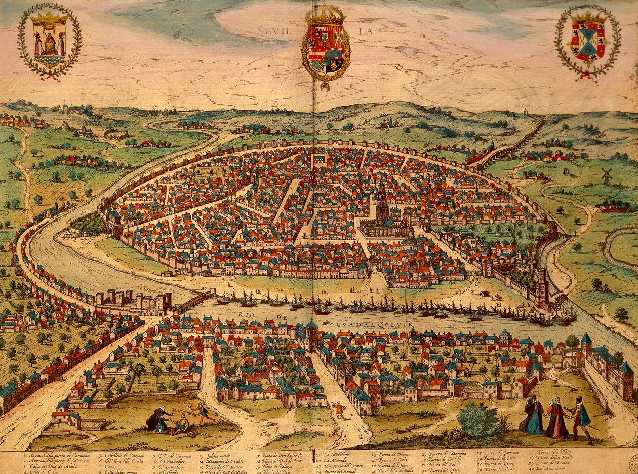 Spanien, Sevilla, Stadtansicht, Farbstich aus Civitates Orbis Terrarum von Georg Braun und Franz Hogenberg von Georg Braun and Hogenberg Franz