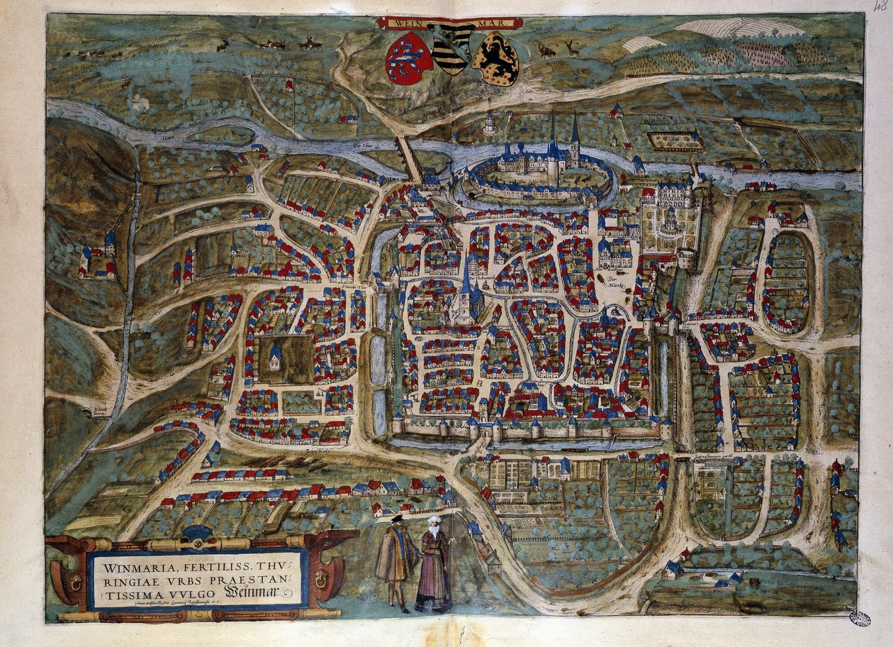 Karte der deutschen Stadt Weimar. Gravur aus dem Atlas von „Braun und Hogenberg“ 1572 von Georg Braun and Hogenberg Franz