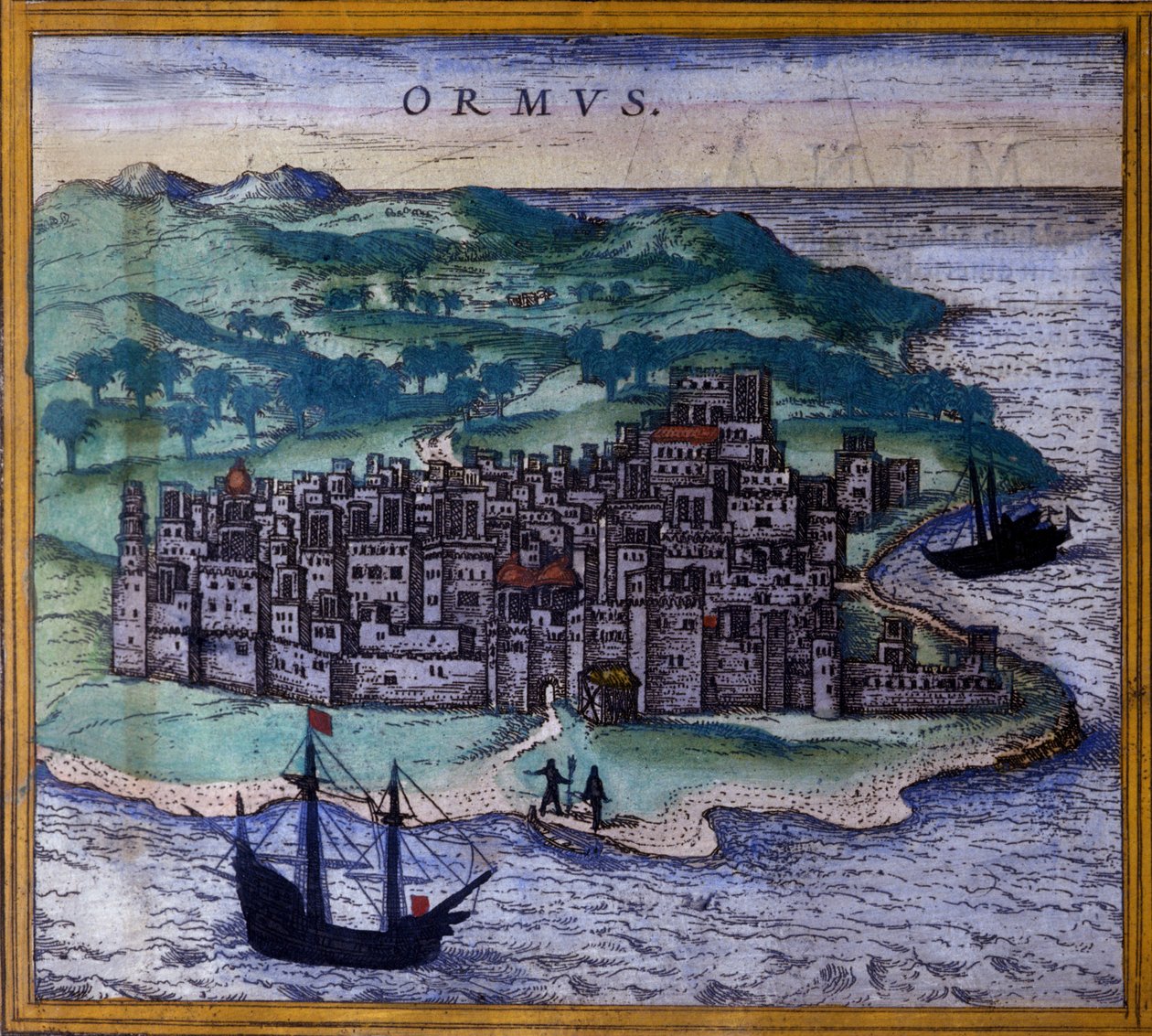 Die iranische Insel Ormuz oder Hormuz auf dem Weg zu den Indes nach dem Atlas „Civitates Orbis Terrarum“ von Braun und Hogenberg von Georg Braun and Hogenberg Franz