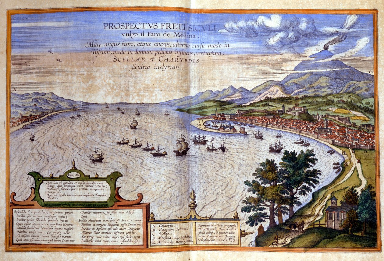 Die Straße von Messina - Kalabrien ist links, während Messina und der Ätna rechts in Sizilien liegen. Atlas von Braun und Hogenberg von Georg Braun and Hogenberg Franz