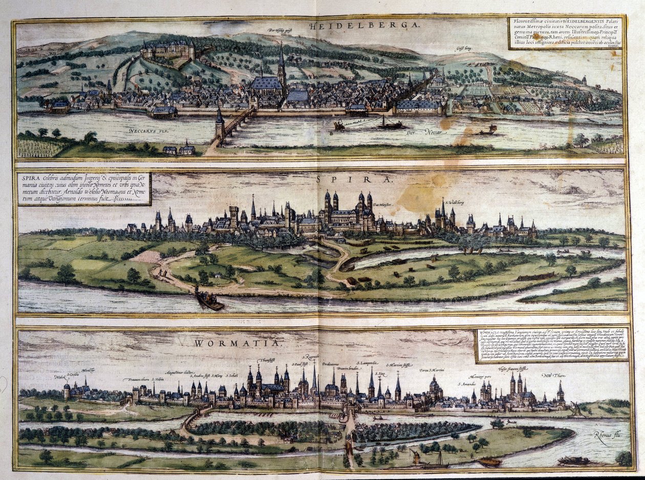 Ansichten von drei Städten in Deutschland: Heidelberg, Speyer, Worms. Atlas von Braun und Hogenberg. 1550 von Georg Braun and Hogenberg Franz