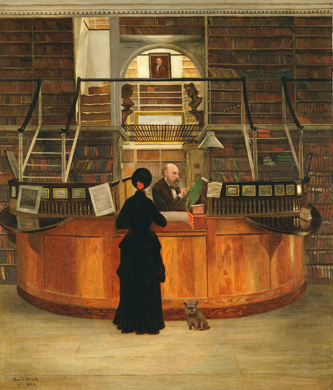 Das Innere der Logan-Bibliothek in Philadelphia, mit dem Bibliothekar Lloyd Pearsall Smith an seinem Schreibtisch von George Bacon Wood