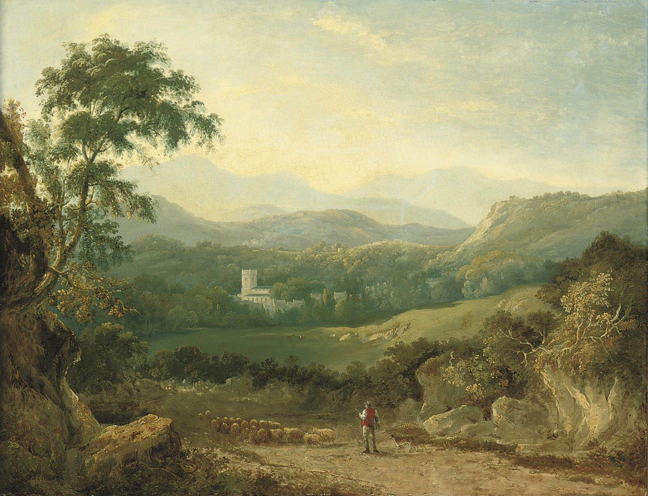 Gebirgige Landschaft bei Porthmadog mit einem Hirten, seiner Herde und einem Collie auf einem Weg, einem Reisenden in der Ferne, Kühen im Tal und einem Dorf dahinter von George Barret