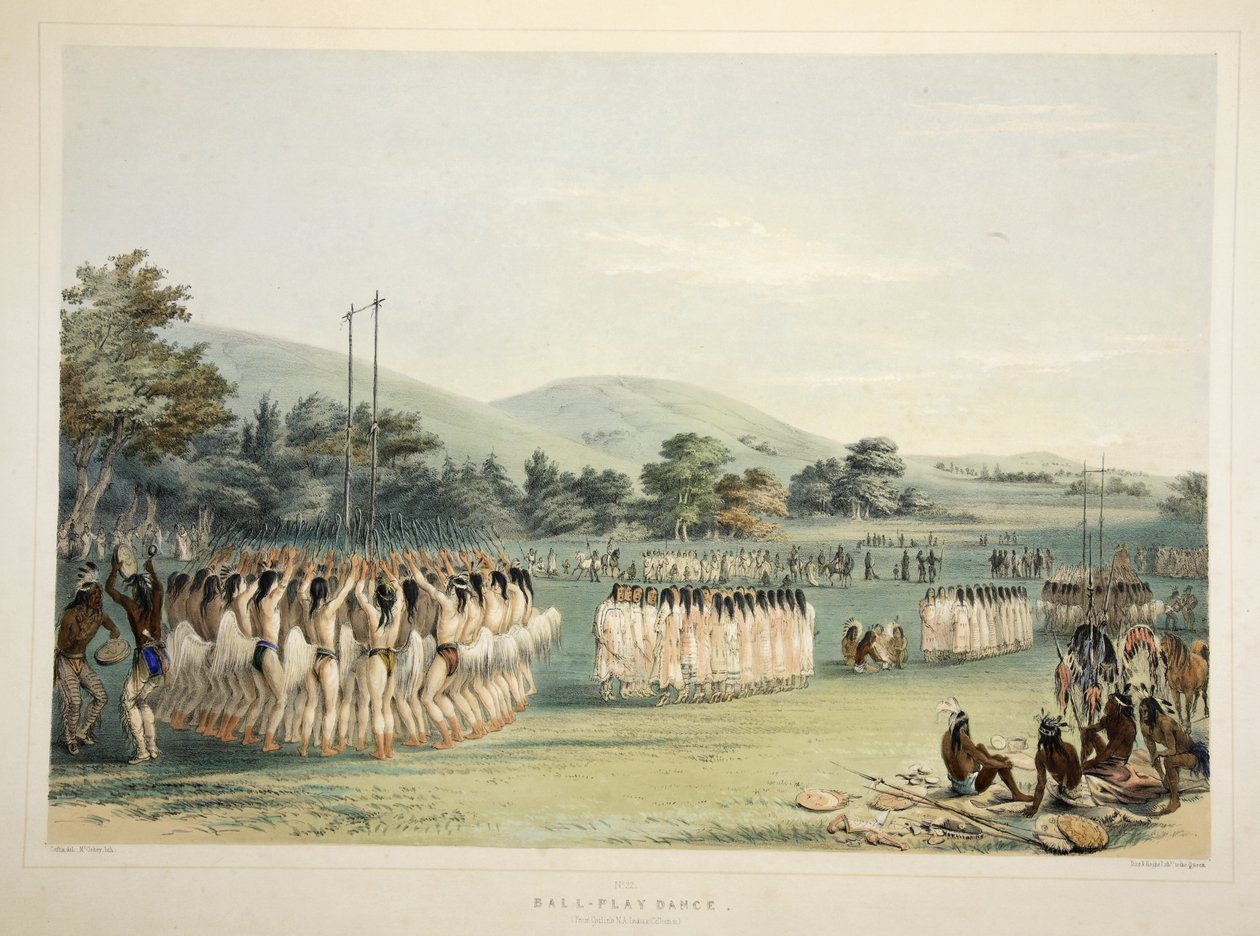 Ballspielertanz, aus Catlins Nordamerikanisches Indianer-Portfolio. Jagdszenen und Vergnügungen der Rocky Mountains und Prärien Amerikas, veröffentlicht 1845 von George Catlin