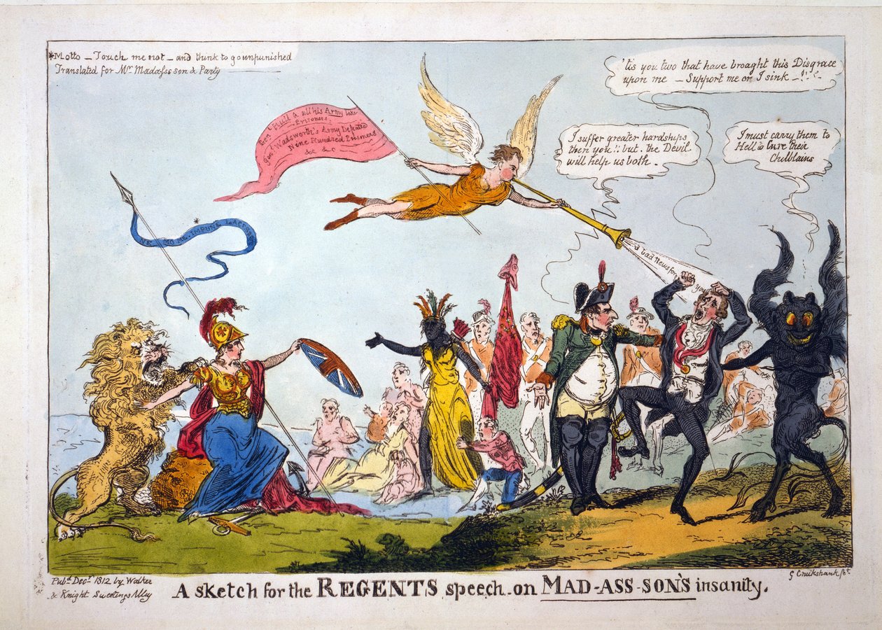 Ein Entwurf für die Rede des Regenten über Mad-Ass-Sons Wahnsinn, veröffentlicht 1812 (handkolorierte Gravur) von George Cruikshank