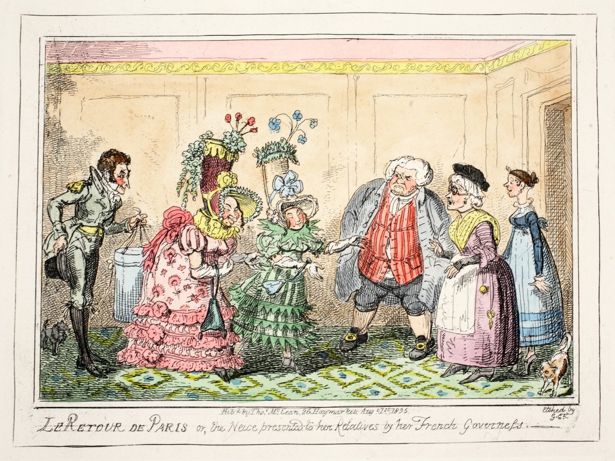 Le Retour de Paris, oder, die Nichte wird ihren Verwandten von ihrer französischen Gouvernante vorgestellt, veröffentlicht 1835 von George Cruikshank