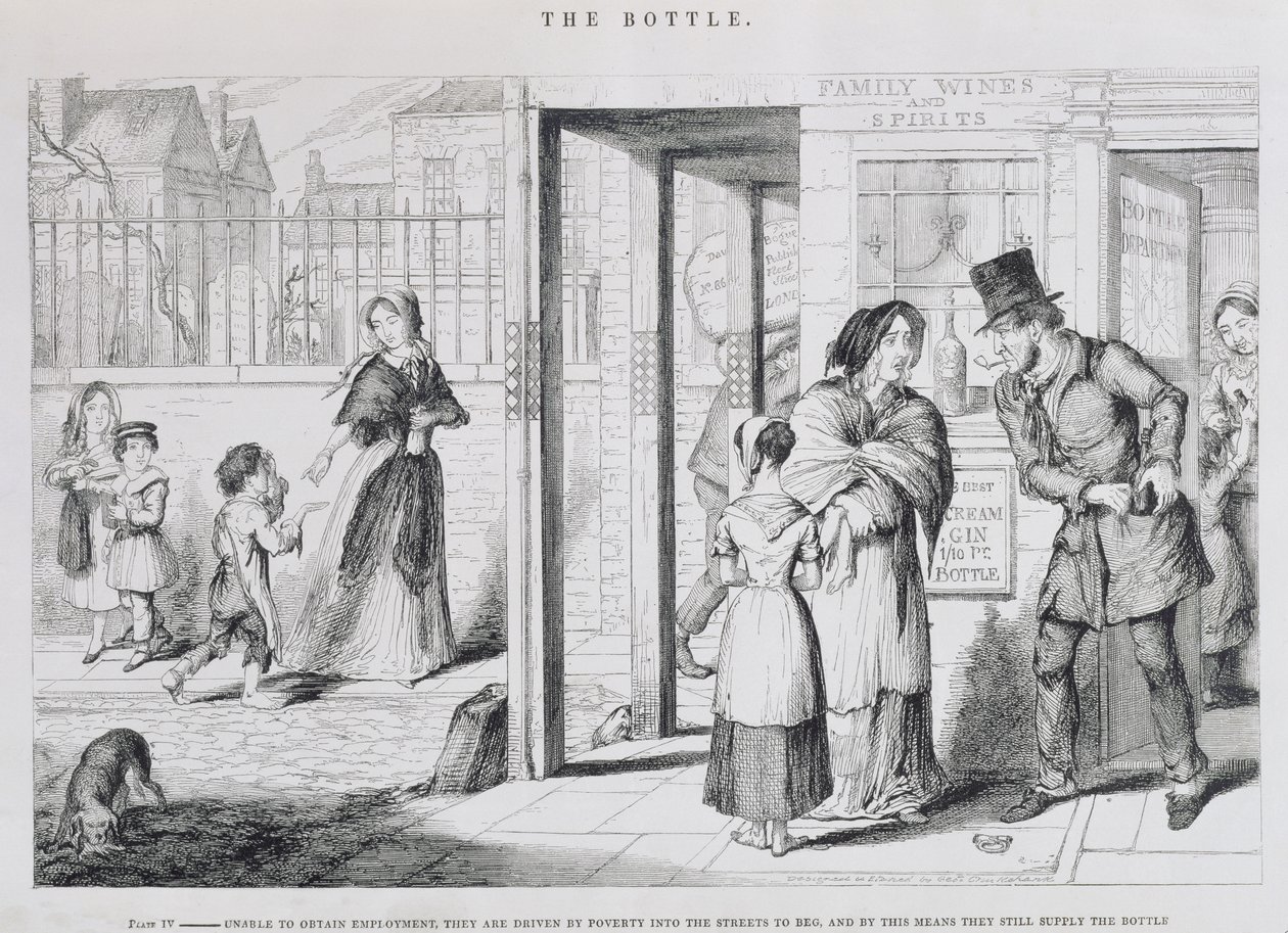 Die Flasche, Tafel IV, Unfähig, Arbeit zu finden, werden sie durch Armut gezwungen, auf der Straße zu betteln, und auf diese Weise füllen sie weiterhin die Flasche, 1847 von George Cruikshank
