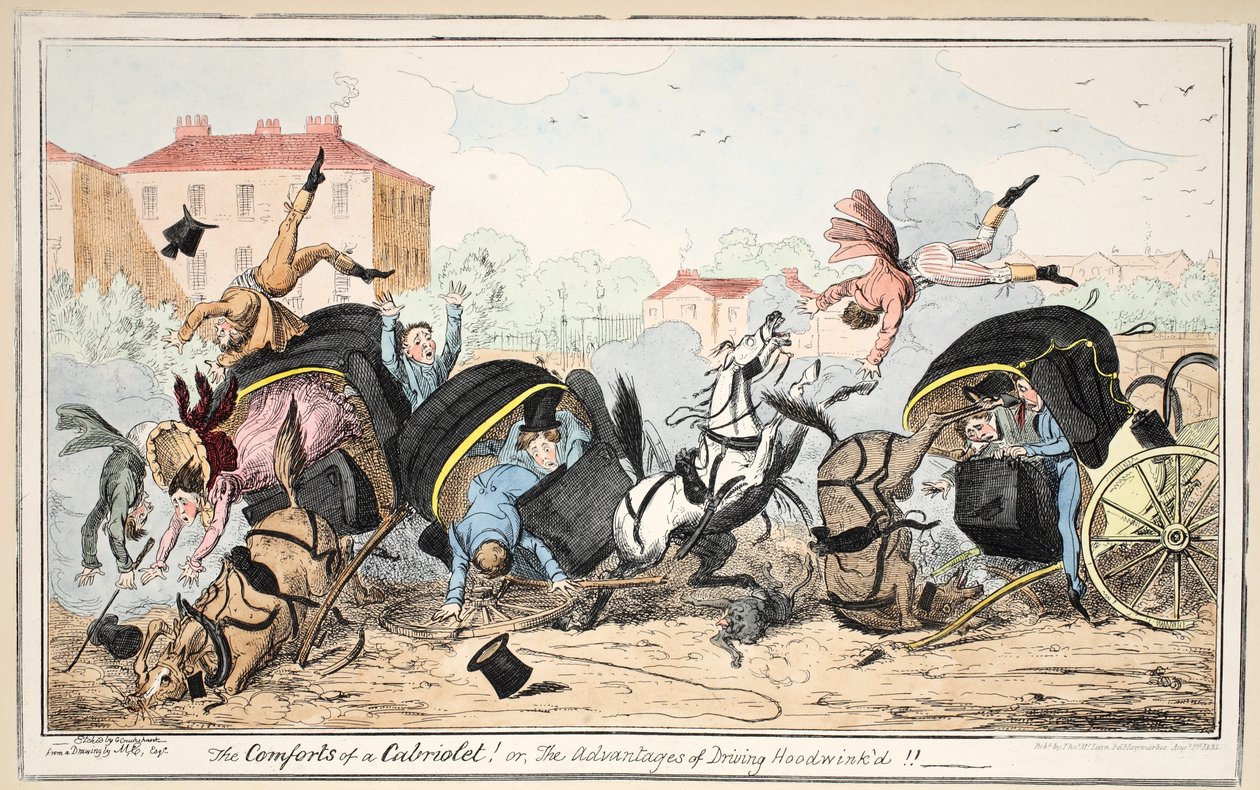 Die Annehmlichkeiten eines Cabriolets - oder - Die Vorteile des Fahrens mit verbundenen Augen, veröffentlicht 1835 von George Cruikshank