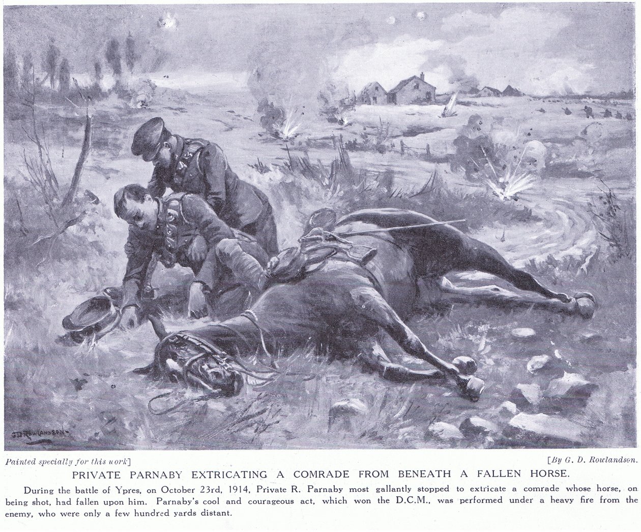 Private Parnaby erhält DCM für die Rettung eines Kameraden unter einem gefallenen Pferd unter schwerem Beschuss im Oktober 1914 von George Derville Rowlandson
