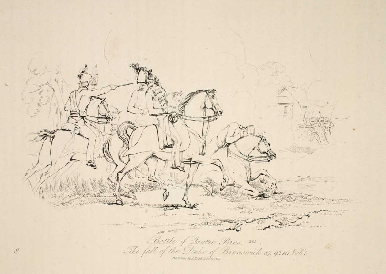 Schlacht von Quatre Bras: Der Fall des Herzogs von Braunschweig, veröffentlicht von J. Booth, 1816 von George Jones