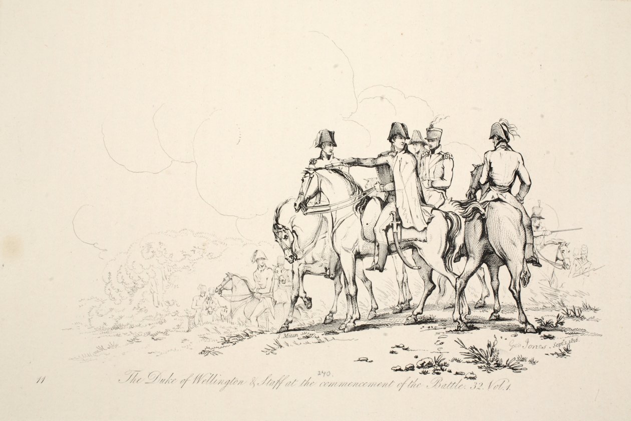 Der Herzog von Wellington und sein Stab zu Beginn der Schlacht, veröffentlicht von J. Booth, 1816 von George Jones