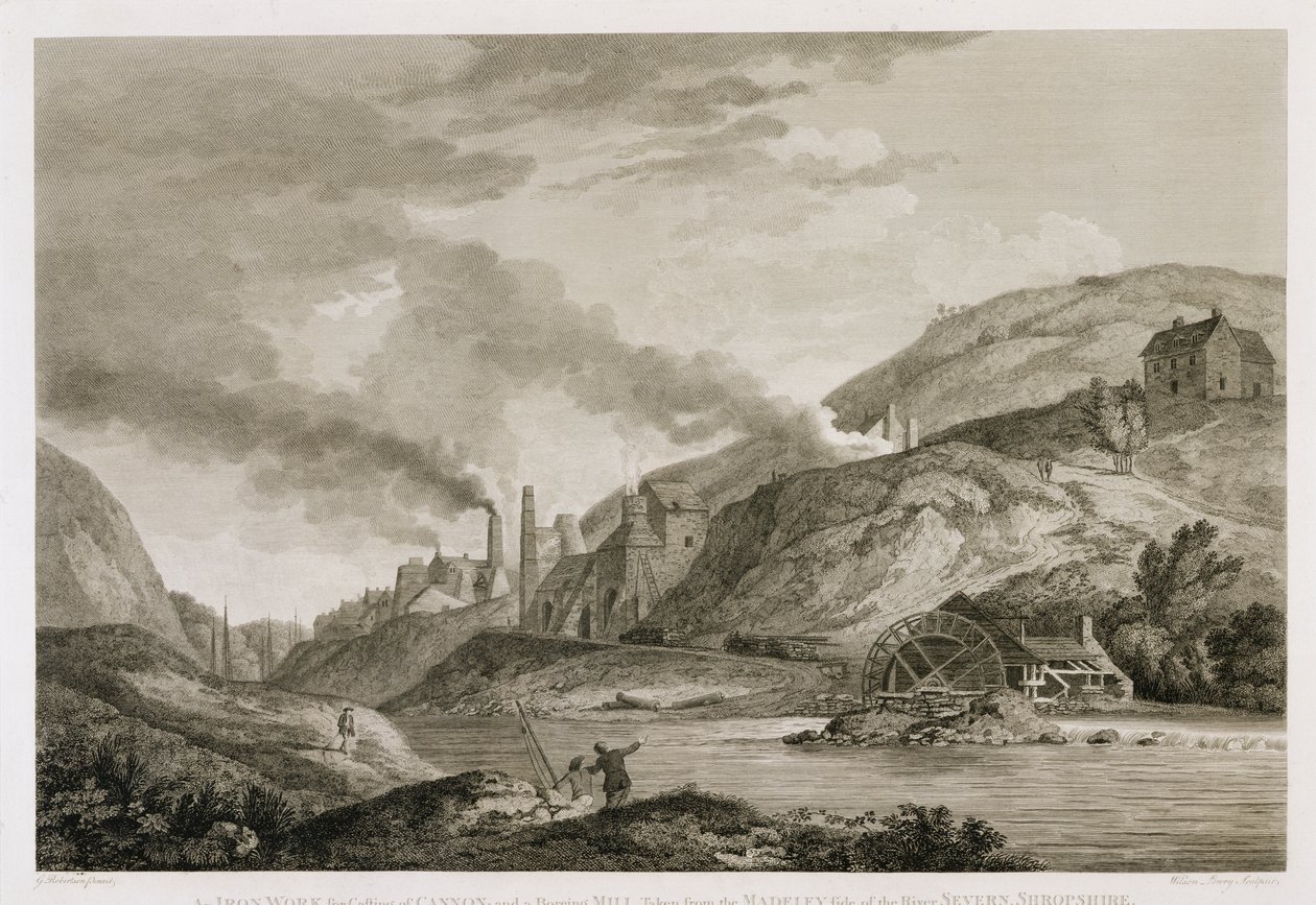Eine Eisenhütte zur Kanonengießerei und eine Bohrmühle, gesehen von der Madeley-Seite des Flusses Severn, Shropshire, graviert von Wilson Lowry (1762-1824) 1788 von George Edward Robertson