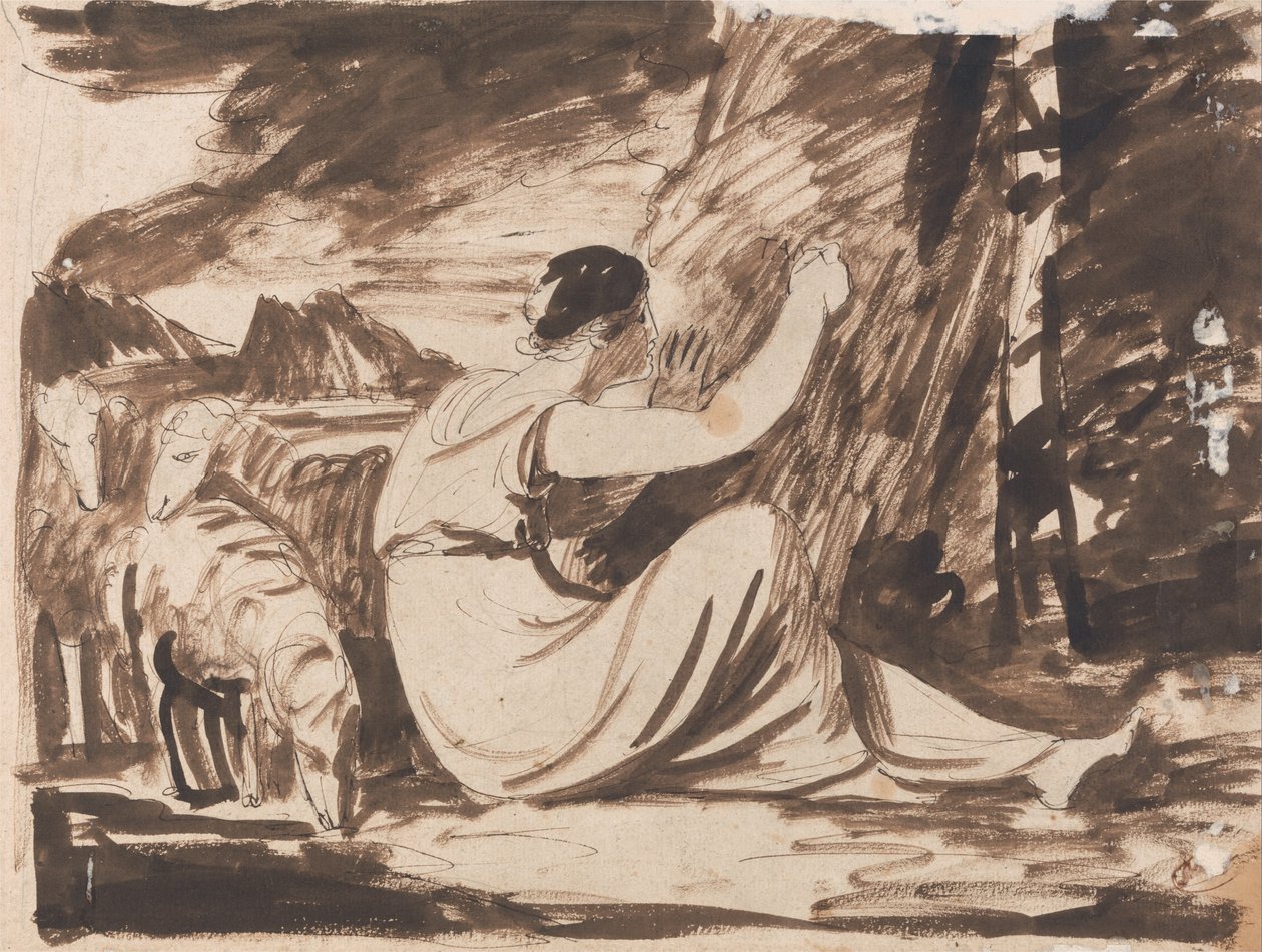 Hirtin, die eine Inschrift auf einen Baum schneidet von George Romney