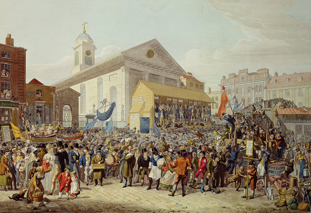 Darstellung der Wahl der Parlamentsmitglieder für Westminster, 1818 von George Snr Scharf