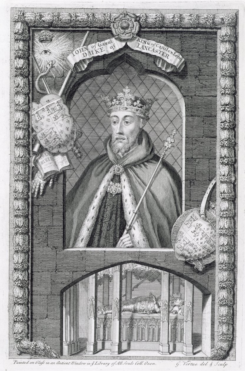 John of Gaunt, Herzog von Lancaster (1340-99) nach einem Gemälde auf Glas in der Bibliothek des All Souls College, Oxford, graviert vom Künstler von George Vertue