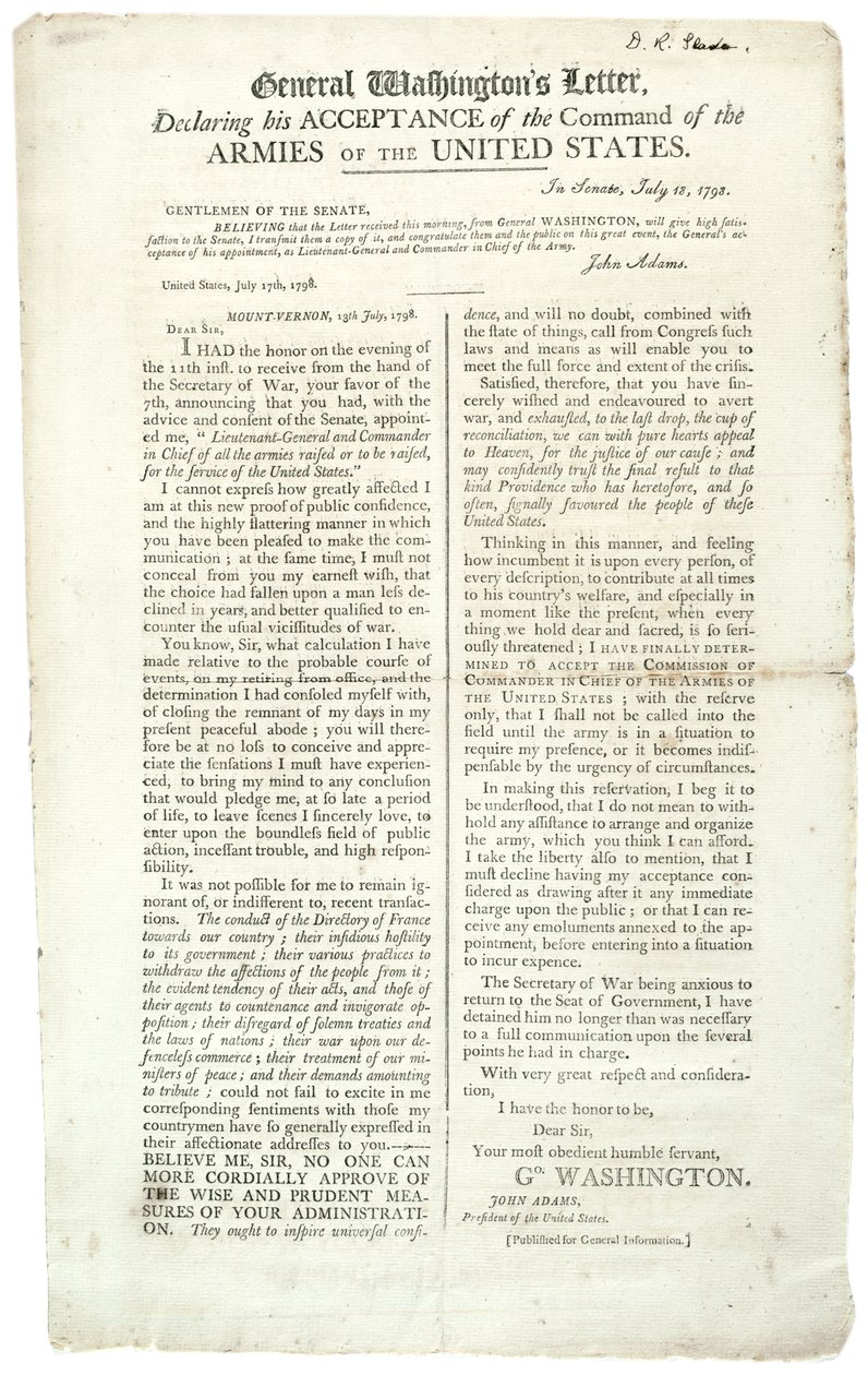 General Washingtons Brief, in dem er seine Annahme des Kommandos erklärt, 18. Juli 1798 von George Washington
