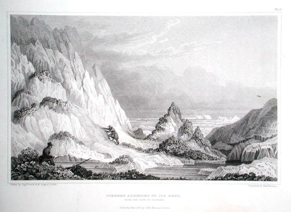 Eisberg, der an einem eisigen Riff haftet, mit Blick auf das Meer, aus 