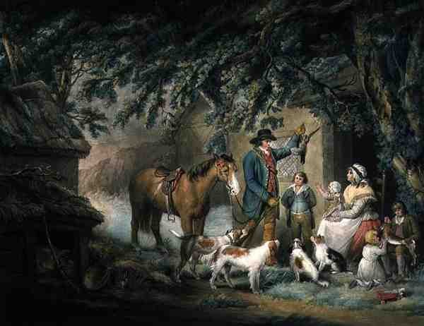 Abend oder Die Rückkehr des Jägers, graviert und veröffentlicht von Joseph Grozer von George (after) Morland