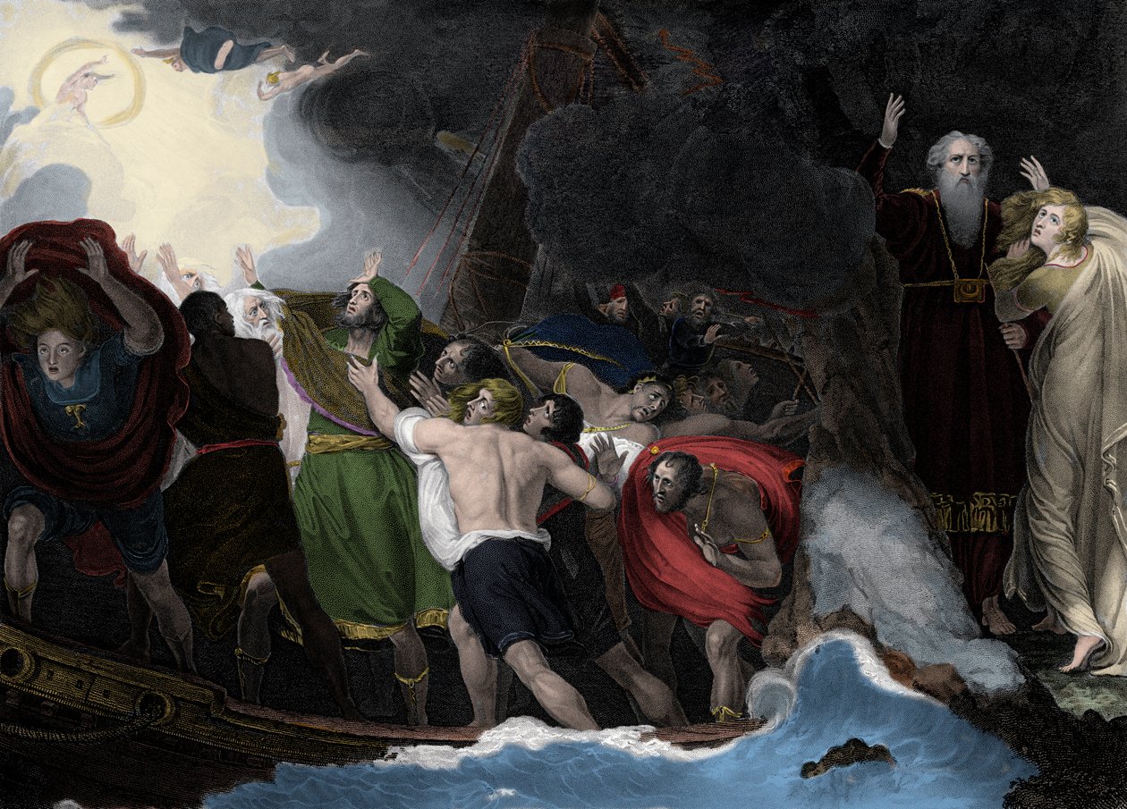 Prospero und Miranda, rechts, stehen auf der Insel, während die Seeleute Schiffbruch erleiden von George (after) Romney