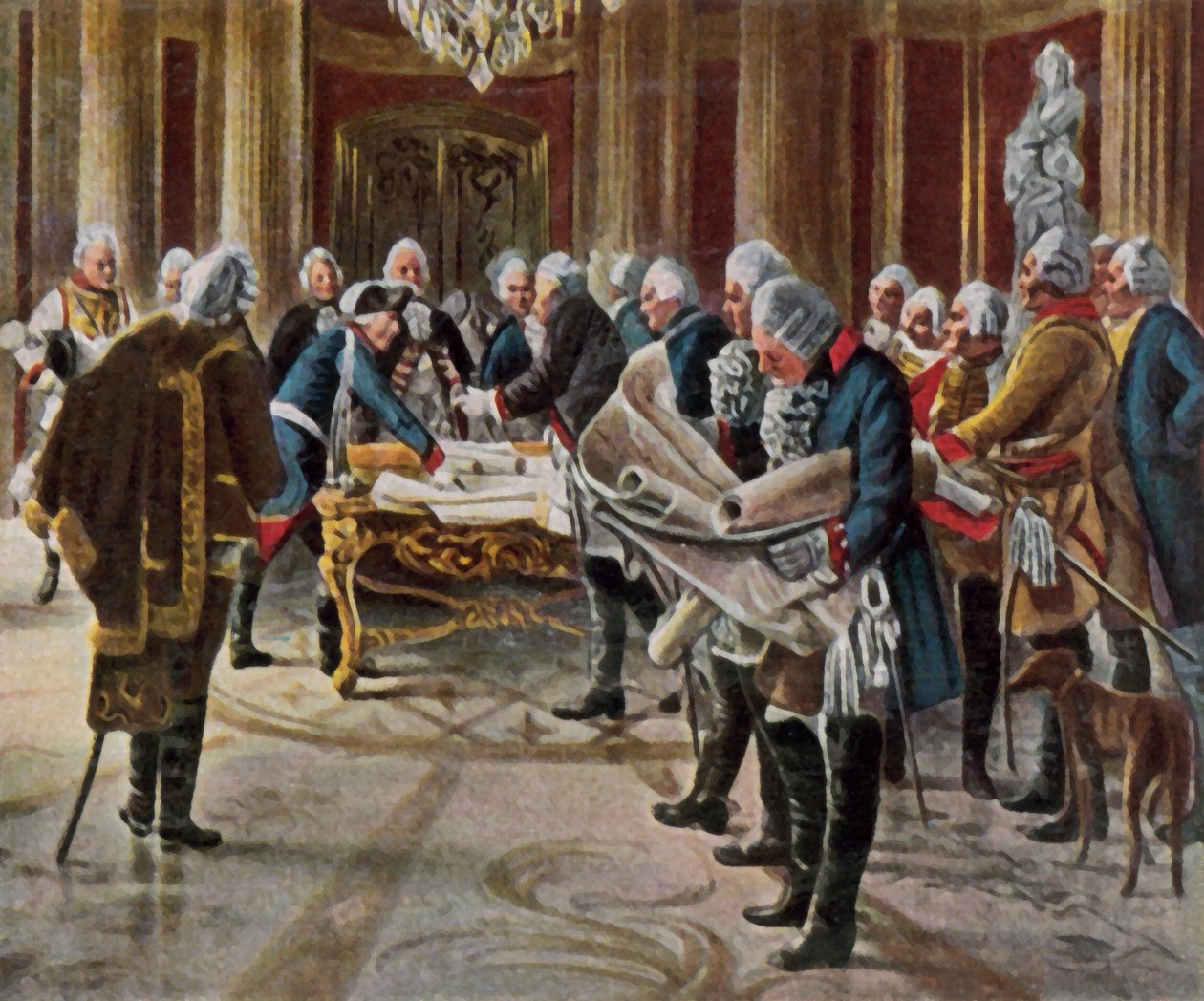 Friedrich der Große hält einen Kriegsrat mit seinen Generälen, August 1756 von George (after) Schobel