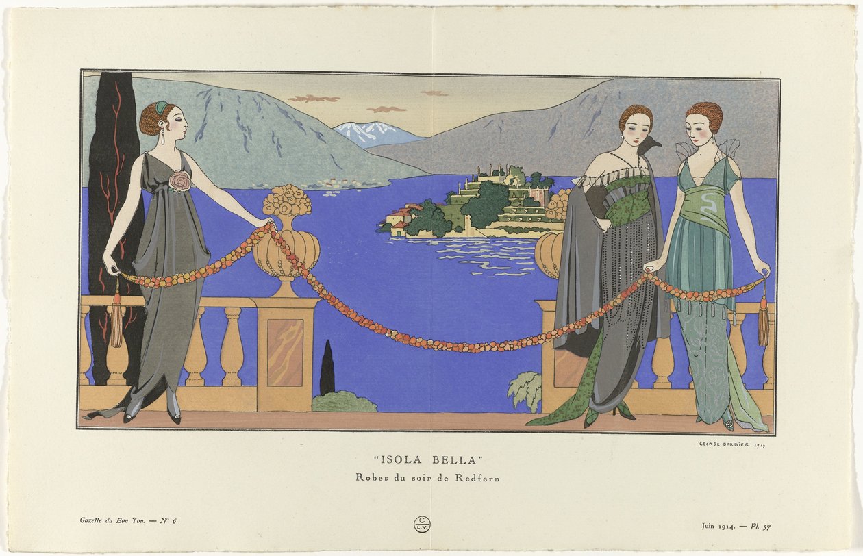 Gazette du Bon Ton, 1914 - Nr. 6, Pl. 57: Isola Bella / Abendkleider von Redfern von George Barbier