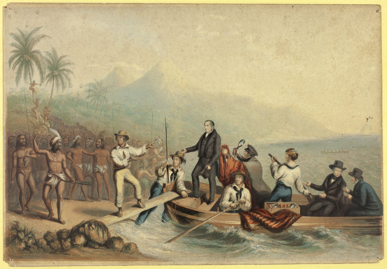 Der Empfang des Rev. J. Williams auf Tanna in den Südseeinseln, einen Tag vor seiner Ermordung von George Baxter