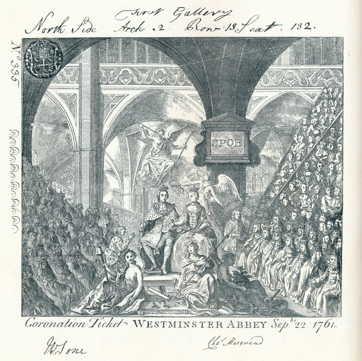 Gravierte Eintrittskarte für die Krönungszeremonie von George III in der Westminster Abbey 1761 von George Bickham