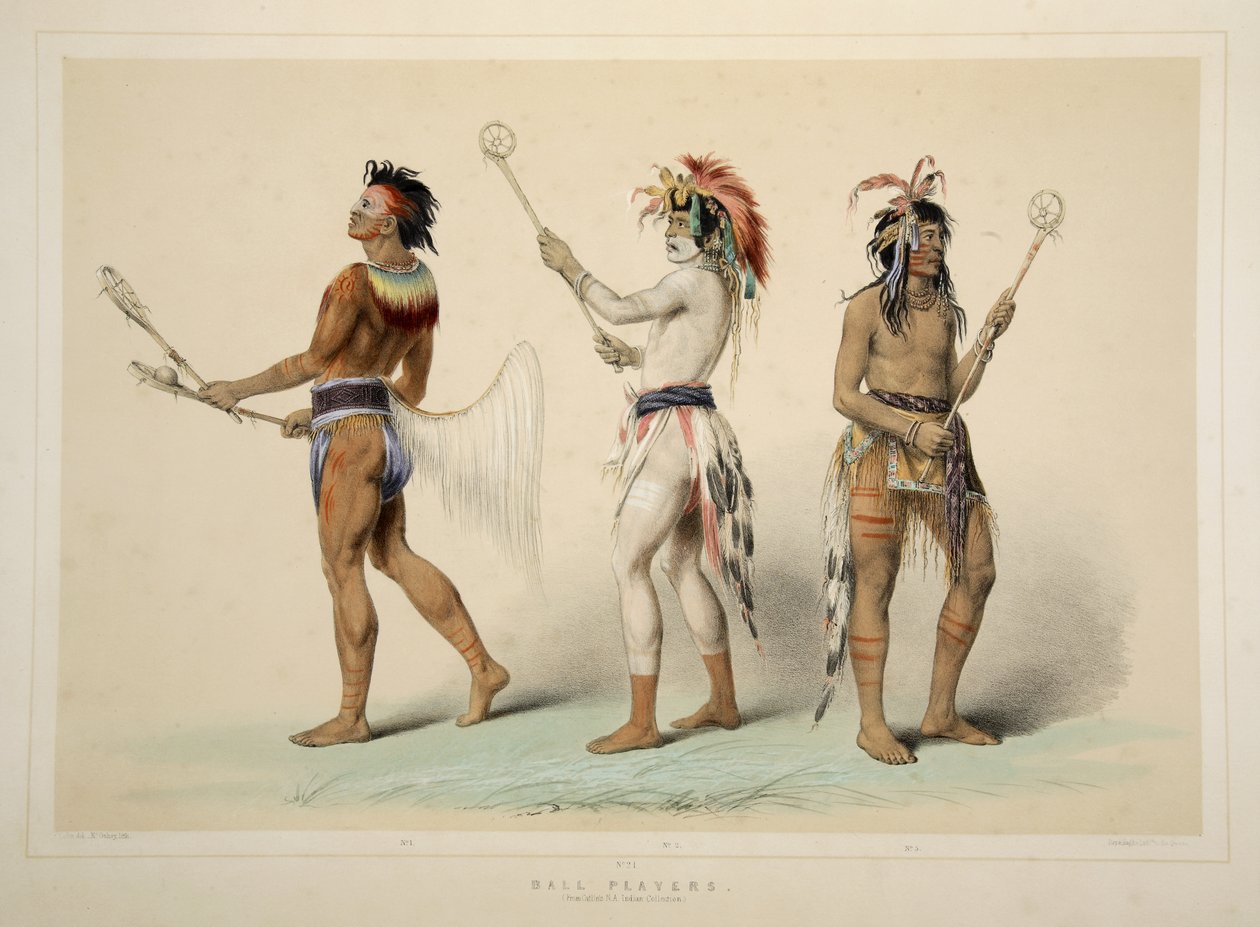 Ballspieler, aus Catlins Nordamerikanisches Indianer-Portfolio. Jagdszenen und Vergnügungen der Rocky Mountains und Prärien Amerikas, veröffentlicht 1845 von George Catlin