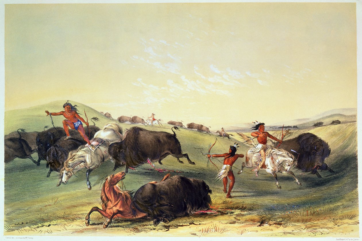 Büffeljagd, Platte 7 aus Catlins nordamerikanischer Indianersammlung, graviert von McGahey, Day und Haghe von George Catlin