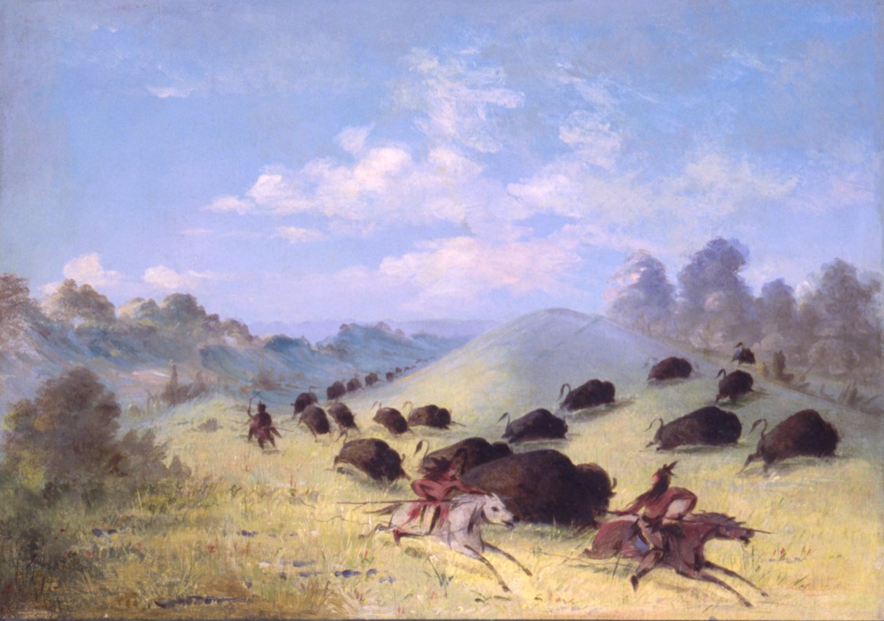 Comanche-Indianer jagen Büffel mit Lanzen und Bögen, 1846-1848 von George Catlin
