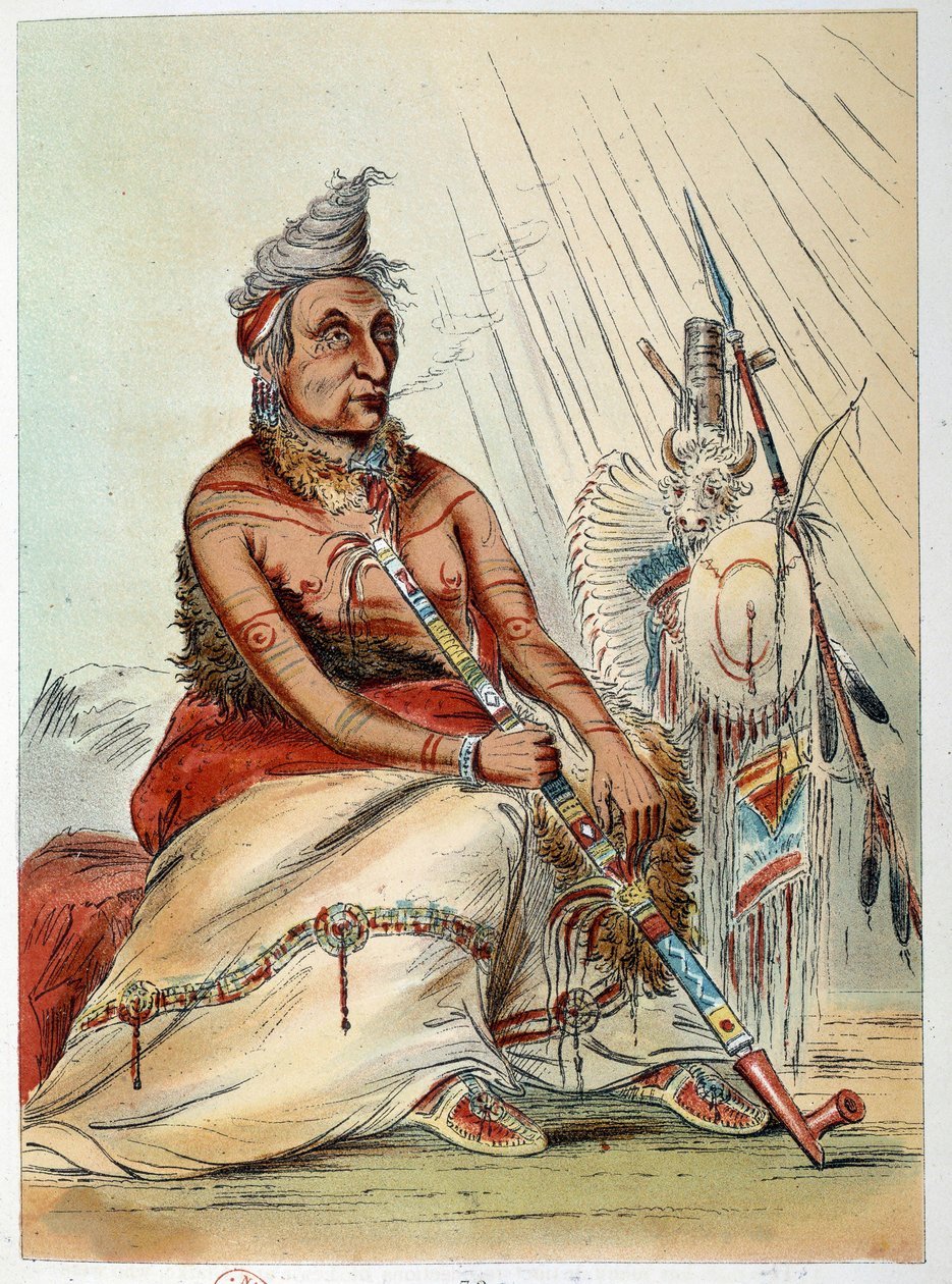 Indianer Amerikas: Porträt eines alten Indianerhäuptlings, der seine Pfeife raucht, genannt Der Schwarze Mokassin. Illustration von George Catlin (1794-1872) von George Catlin