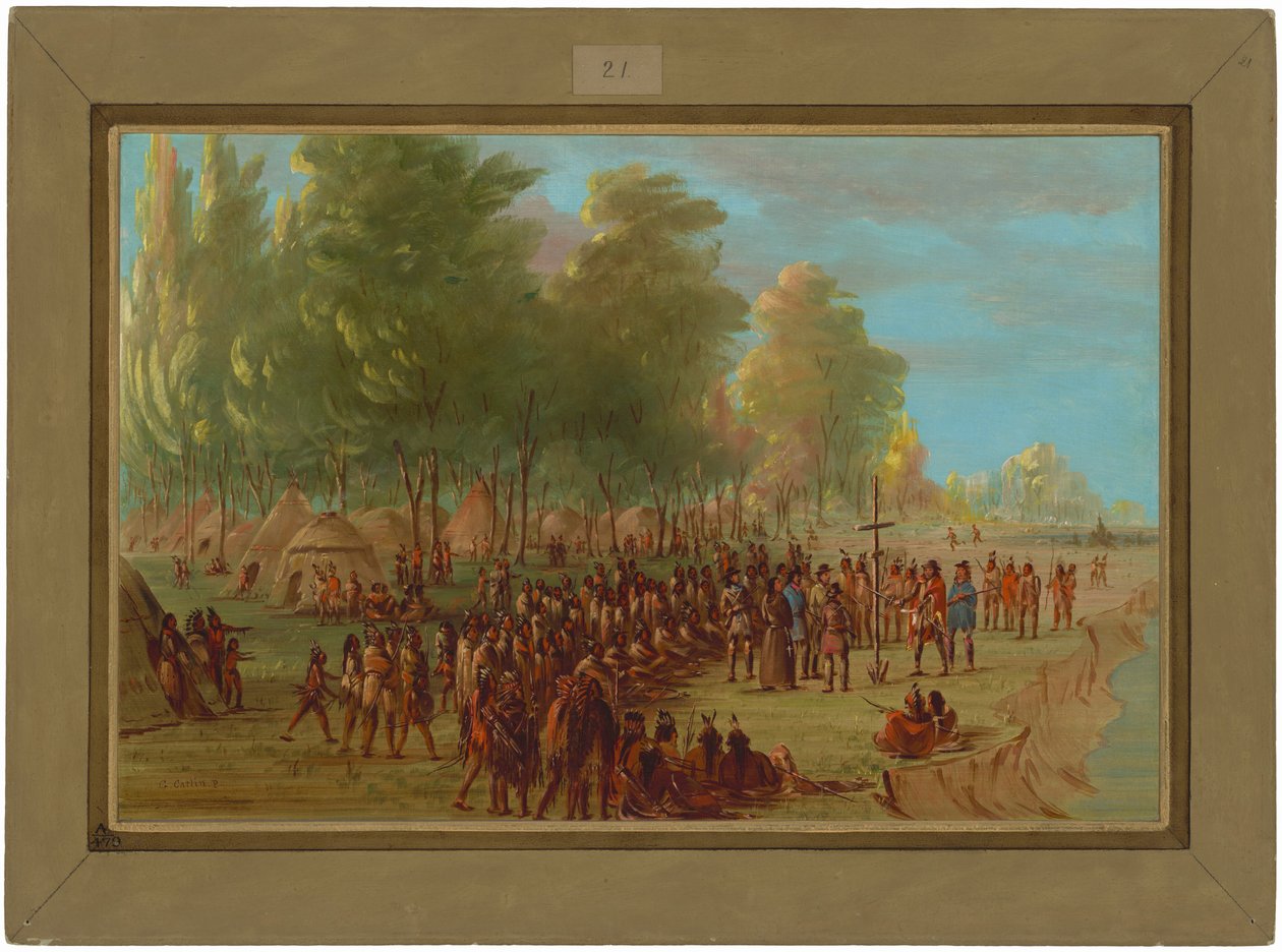 La Salle errichtet ein Kreuz und nimmt das Land in Besitz. 25. März 1682 von George Catlin
