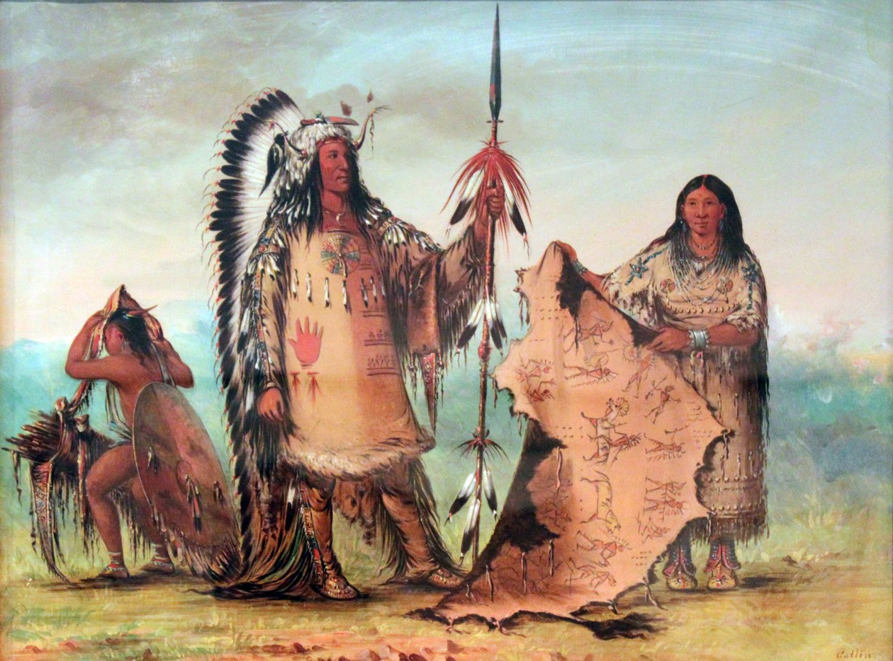 Mandan: Mato-Tope mit Frau und Sohn. Der Bisonmantel, gehalten von seiner Frau, zeigt seine heldenhaften Kriegstaten von George Catlin