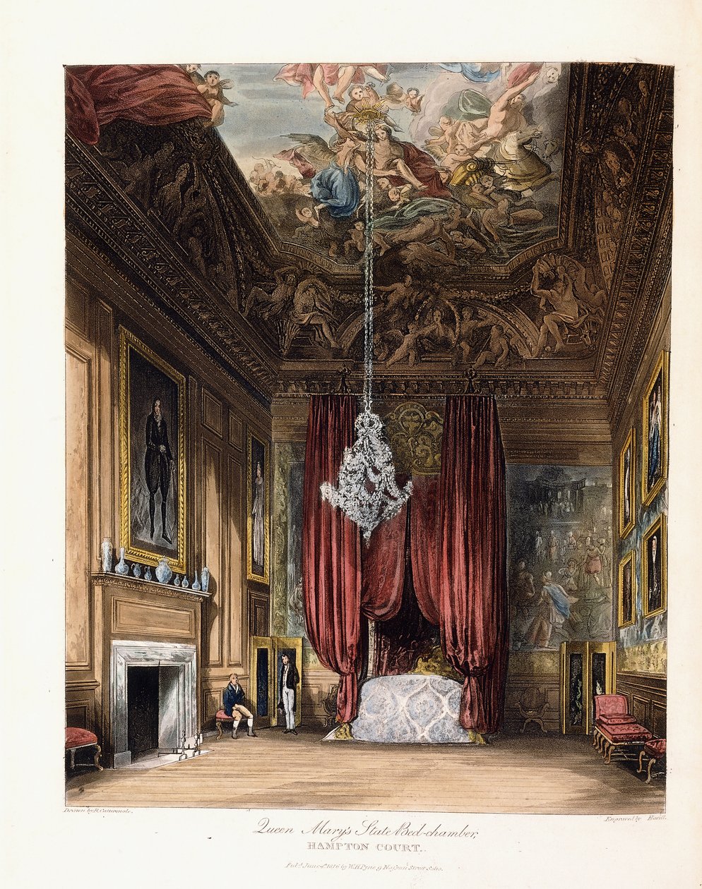 Queen Marys Staatsbettkammer, Hampton Court, 1819 von George Cattermole