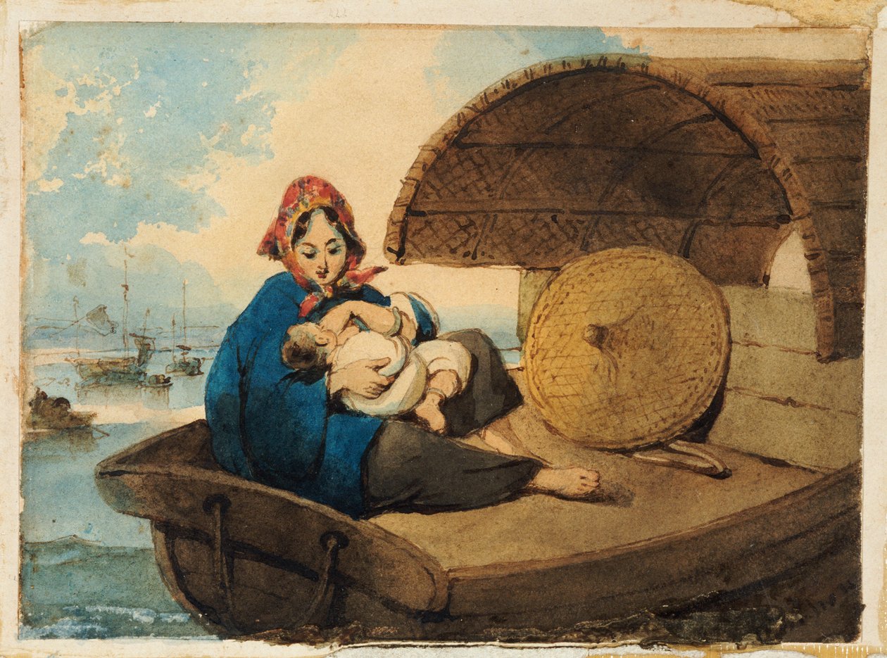 Eine Tanka-Frau mit ihrem Kind auf einem Boot von George Chinnery