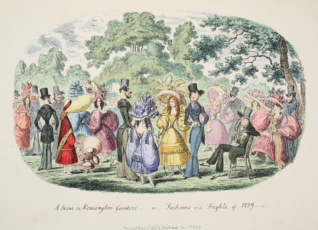 Eine Szene in den Kensington Gardens - oder - Moden und Schrecken von 1829, veröffentlicht 1829 von George Cruikshank