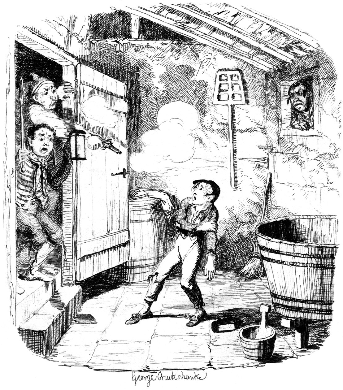 Ein Mann erschießt einen Jungen, den er des Diebstahls verdächtigt, 19. Jahrhundert von George Cruikshank