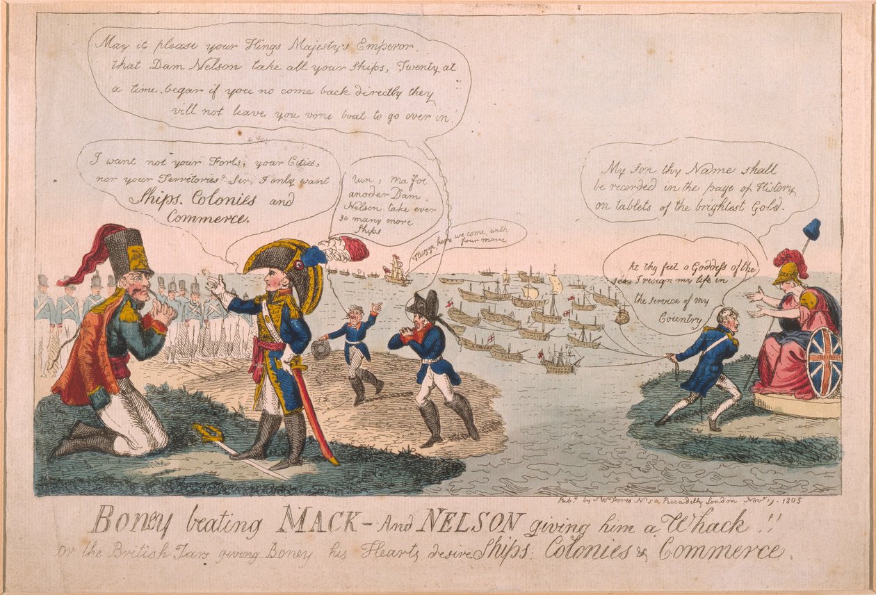 Boney schlägt Mack - und Nelson gibt ihm einen Schlag!, 1805 (farbige Radierung) von George Cruikshank