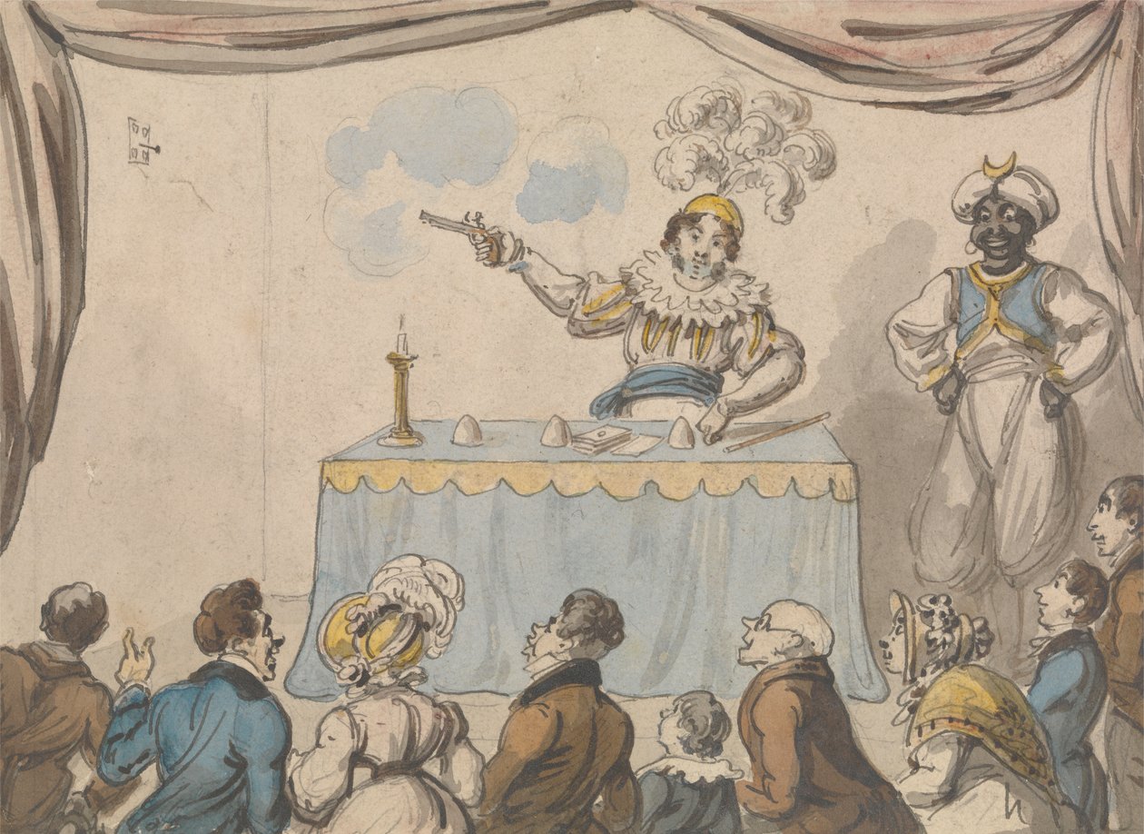 Zauberer mit Pistole und Karten von George Cruikshank