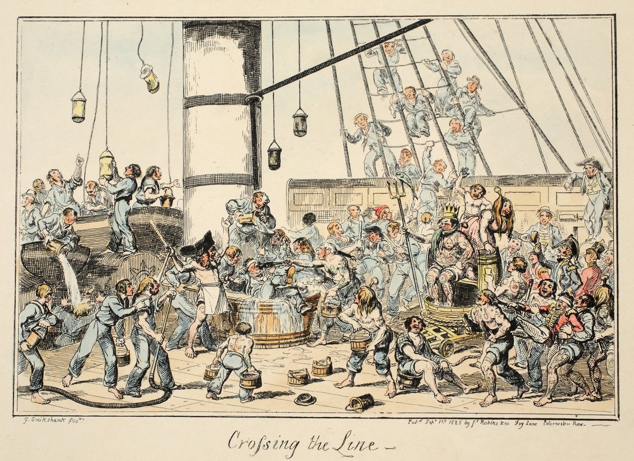 Überquerung der Linie, aus Greenwich Hospital, eine Serie von Marine-Skizzen, die das Leben eines Kriegsmannes beschreiben, veröffentlicht 1825 von George Cruikshank
