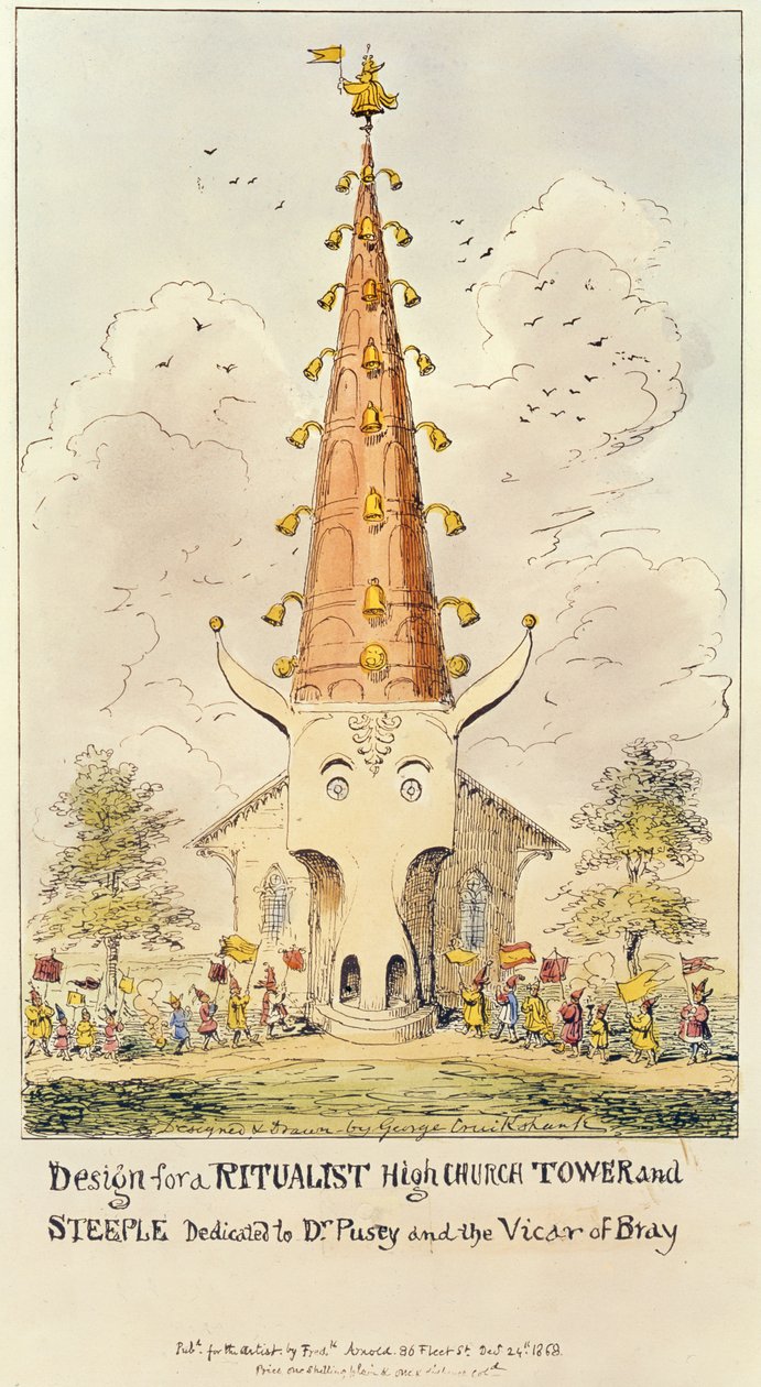 Entwurf für einen Ritualisten-Hochkirchenturm und -Spitze, gewidmet Dr. Pusey und dem Vikar von Bray, 1868 von George Cruikshank