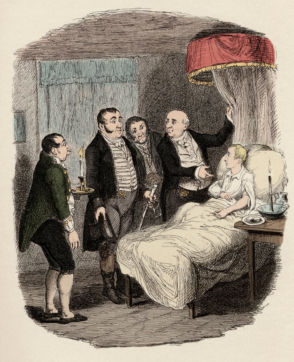 Dr. Losberne zeigt Oliver den Polizeibeamten von Bow Street - Illustration für „Oliver Twist“ von Charles Dickens, von George Cruikshank von George Cruikshank