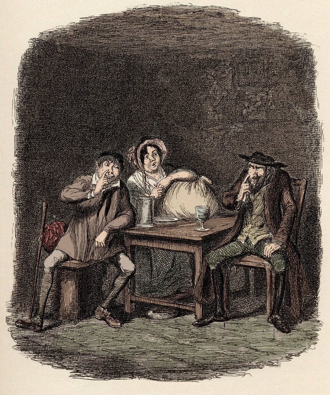 Fagin macht Geschäfte mit Morris Bolter, alias Noe Claypole, und Charlotte - Der Jude und Morris Bolter beginnen sich zu verstehen - Illustration für "Oliver Twist" (Die Abenteuer von Oliver Twist) von Charles Dickens (1812-1870), von George von George Cruikshank