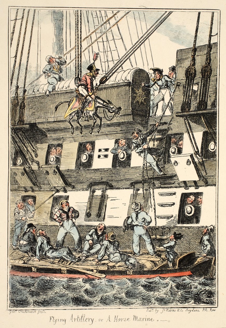 Fliegende Artillerie oder ein Pferdemarine, aus Greenwich Hospital, eine Serie von Marine-Skizzen, die das Leben eines Kriegsschiffsmanns beschreiben, veröffentlicht 1826 von George Cruikshank