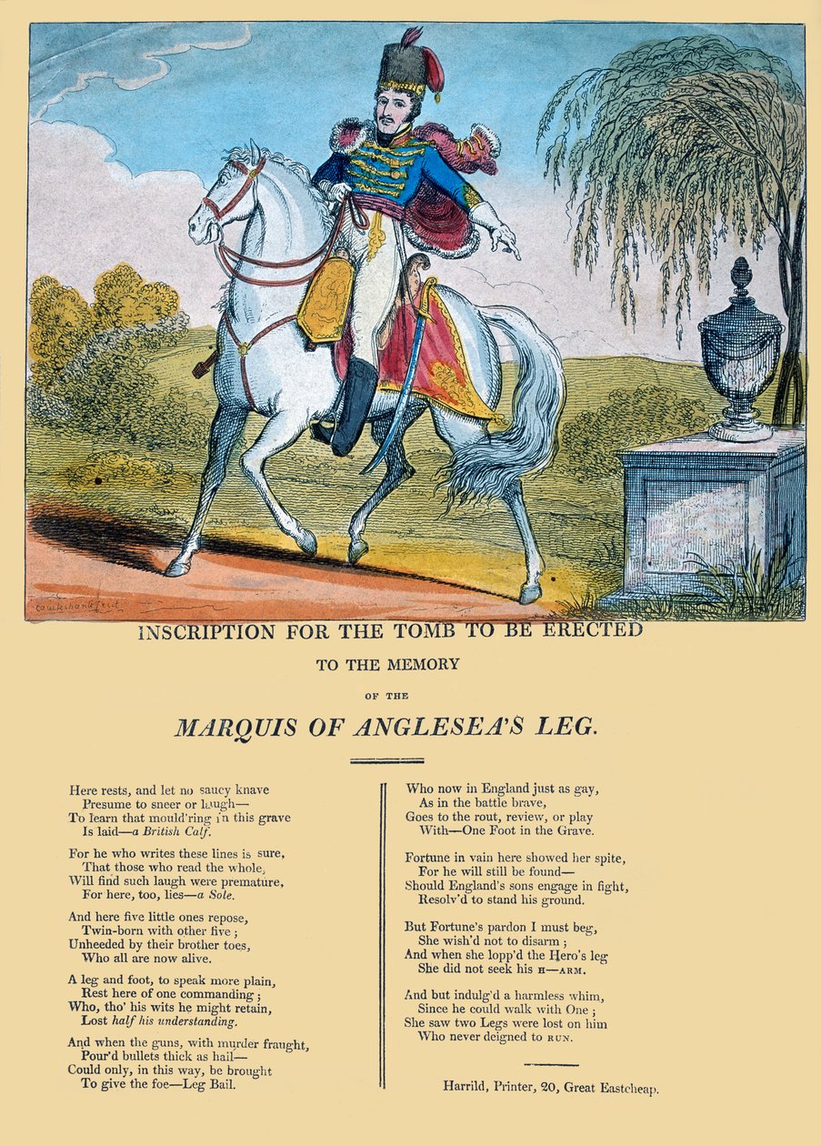 Inschrift für das Grabmal, das zum Gedenken an das Bein des Marquis von Anglesea errichtet werden soll, veröffentlicht von R. Harrild, ca. 1815 von George Cruikshank